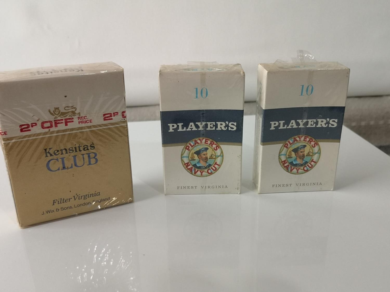 THREE PACKETS OF VINTAGE CIGARETTES, STILL SEALED. PLAYER'S NAVY CUT & KENSITAS CLUB.