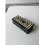 A Victorian horn and marquetry snuff box [2.5x8.5x4cm]