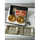 A Pair of boxed gold plated Swedish Skultuna cruet pots together with two ornate silver plated ash