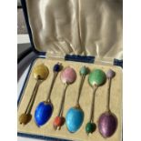 A lot of 6 Birmingham silver & enamel coffee bean spoons [Walker & Hall]