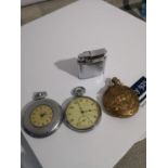 THREE VARIOUS POCKET WATCHES AND VINTAGE LIGHTER. INCLUDES MAKES INGERSOL LTD TRIUMPH, JAMES