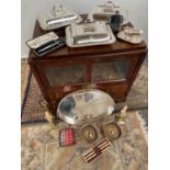 A Collection of E.P and Silver plated wares to include serving tray, Tureens with lids, Brass candle