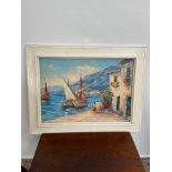 A Vintage European coastal village and boat scene oil painting on canvas. Signed Camprio. [67X87CM
