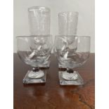Four Antique style square base wine goblets together with two large facet cut crystal centre piece