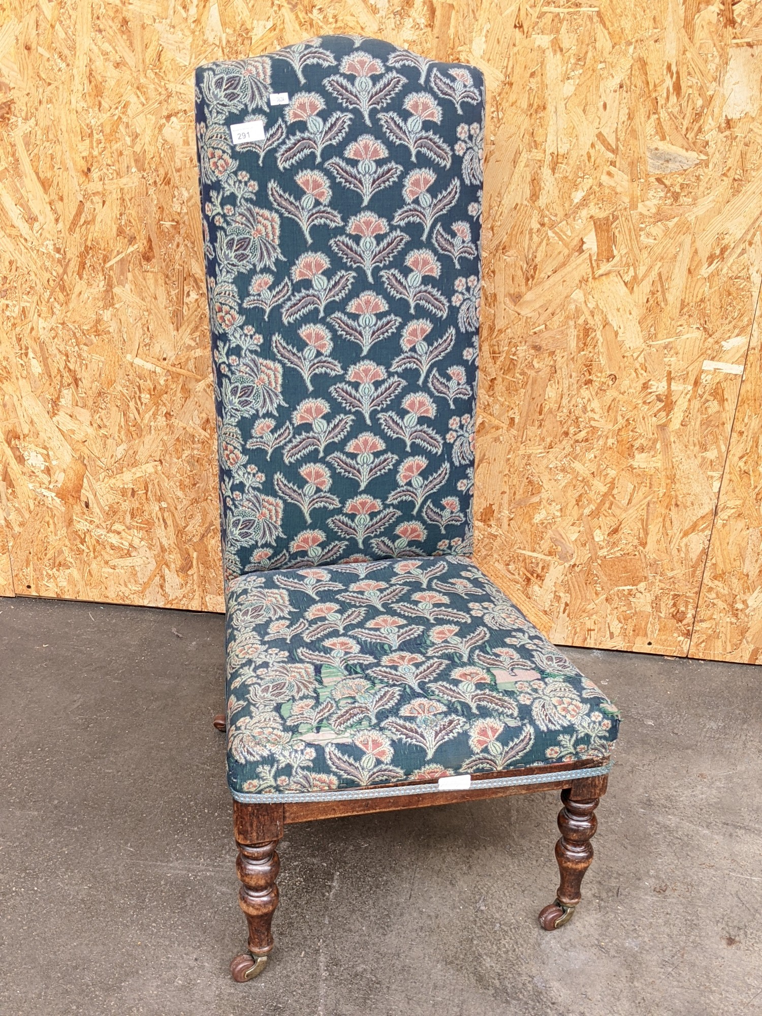 Oak prayer chair in a thistle upholstery [height 104cm, width 48cm]