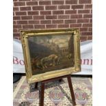 A 18th/19th century gilt moulded wooden frame, fitted with an old coloured print depicting an