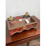 A 19th century French Boulle desk double inkwell stand. [missing a foot] [11x35x26cm]