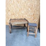 A Georgian tray table (in need of attention) together with a a square shaped pine stool with woven