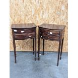 A pair of Georgian bow front side tables, supported on tapered legs [height, 68cm, width, 41cm,