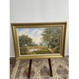 A Large original oil painting on canvas depicting farmer herding sheep. Signed Gordon Lindsay. [Gilt