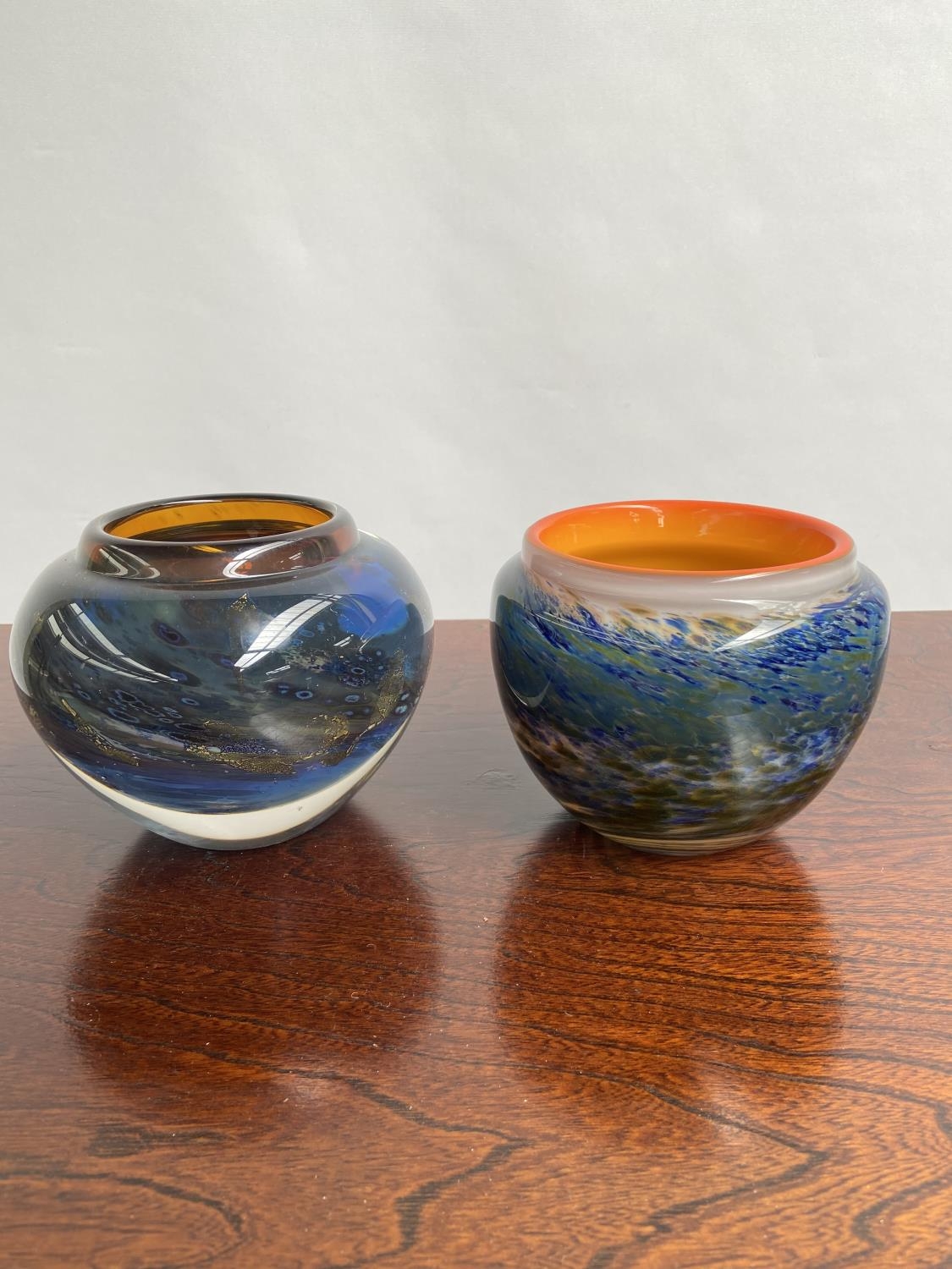 Two vintage art glass centre piece bowls design and made by Toan Klein. Both from the Galaxy glass