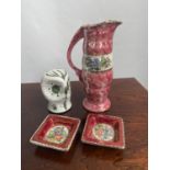 Rye pottery [signed David Sharp] owl sculpture, pink Maling jug & two pin dishes