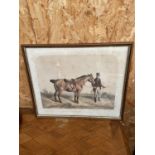 An Antique coloured etching print depicting horse and rider. Titled 'Captain Erskine Wemyss of