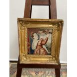 A 19th century tapestry depicting a lady of importance, fitted within a three dimensional gilt frame