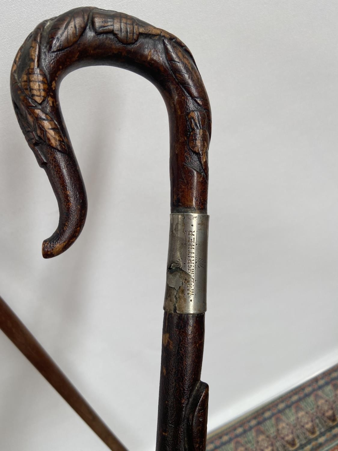 A lot of two antique walking canes, one carved and designed with thistle and snake [longest length - Image 2 of 3