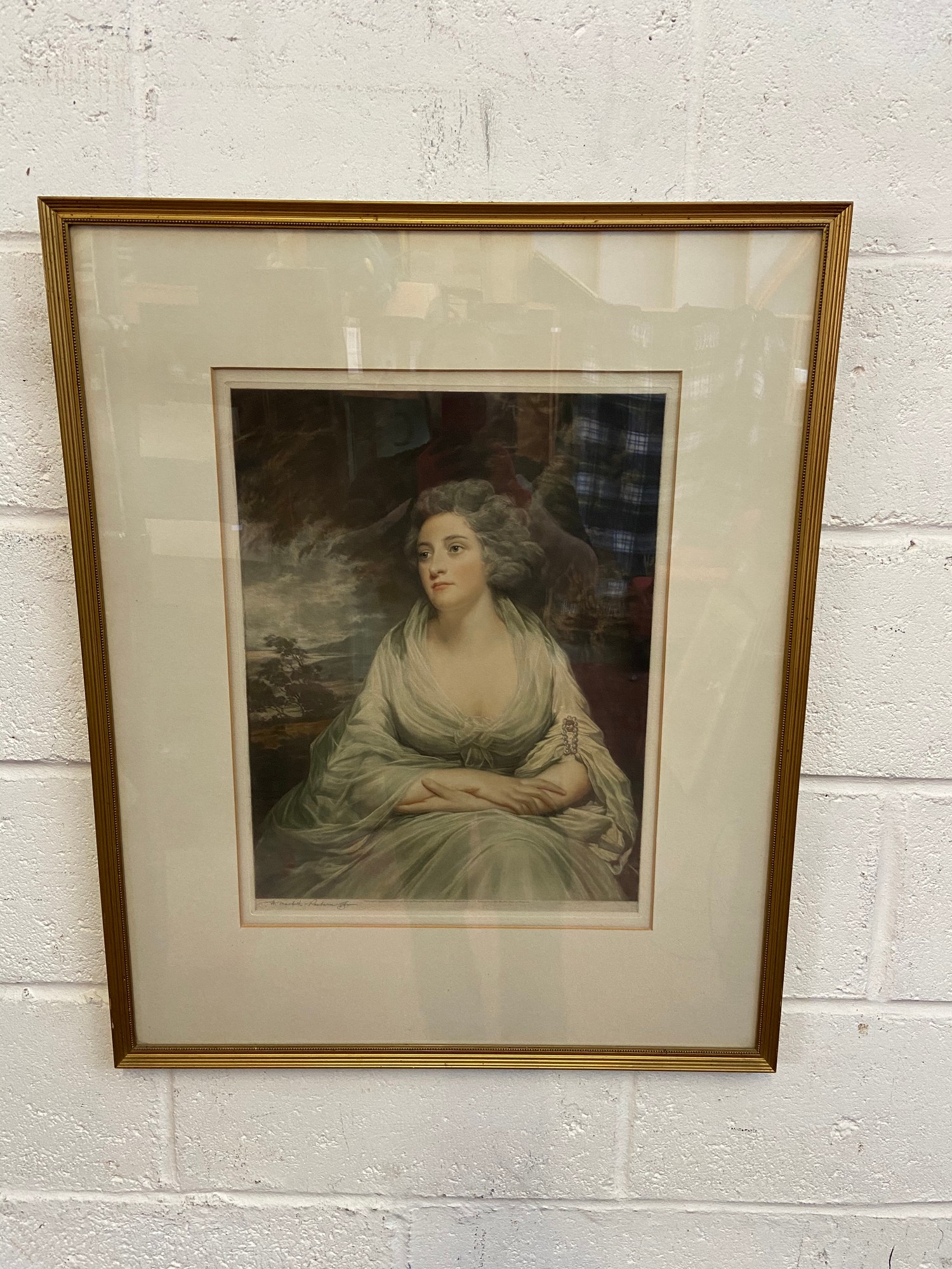 H Macbeth Raeburn R.A. Coloured Engraving of Mrs Crawford. Note to the back of the frame. Signed