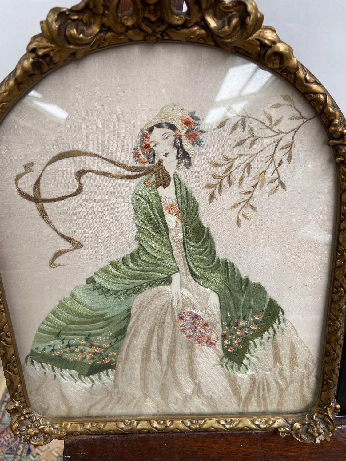 19th century silk tapestry depicting lady, fitted within a moulded gilt frame, together with two - Image 2 of 2