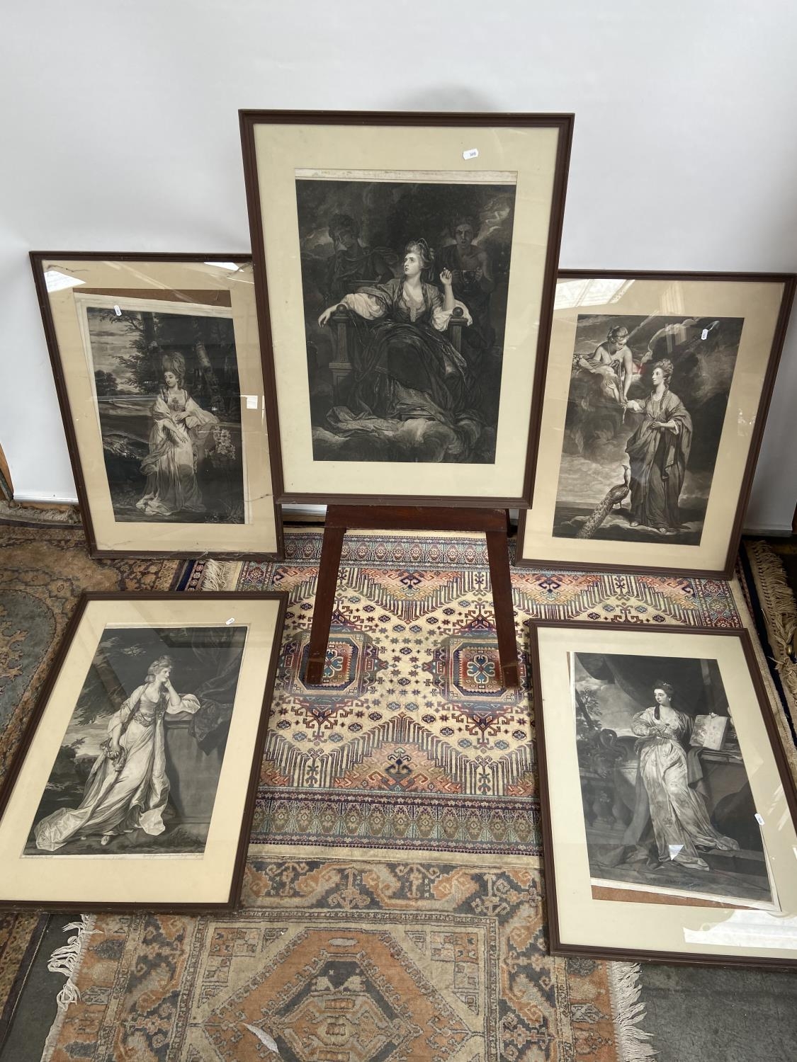 A lot of five 18th century engravings, depicting various ladies of importance [height 81cm, width