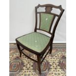 Edwardian chair with inlay, upholstered in green material [height, 79cm, width, 44cm]