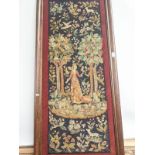A 19th century rectangular oak framed tapestry, telling the story of a lady of importance surrounded