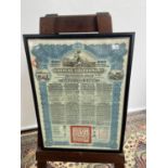 Antique Chinese Government bond for £100 styled in blue printing. Dated 1913. [frame 48x35cm]