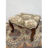 Victorian stool, upon four scroll design feet, upholstered tastefully [height, 40cm, width 56cm,