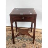 A Georgian square top, single drawer side table with a four arm stretcher to the base