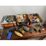 Three tins containing various playworn Dinky & Corgi models, also Britains military figures