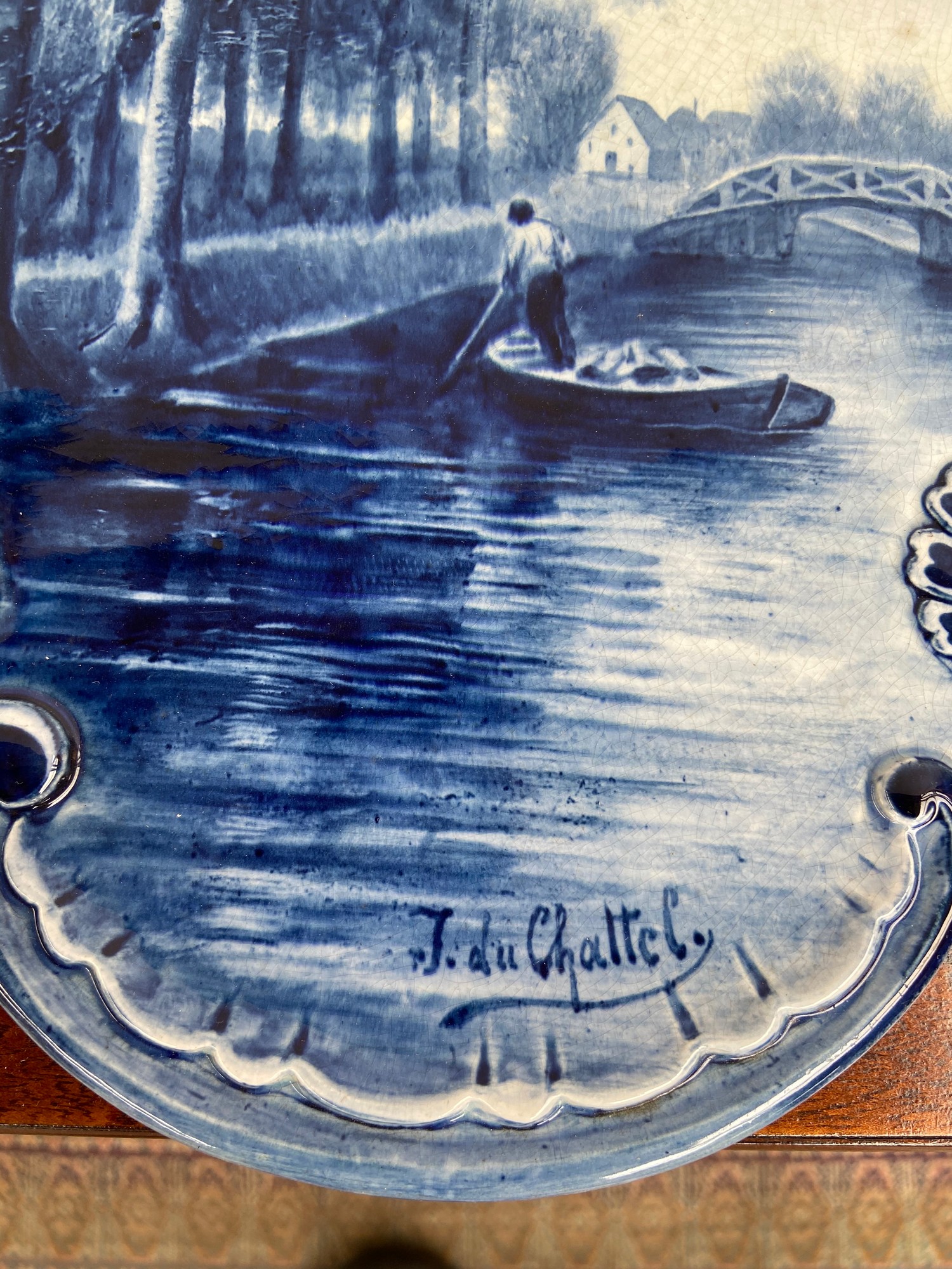 A Large Delft blue and white wall plaque depicting man rowing down a canal scene. Signed J. Du - Image 2 of 4