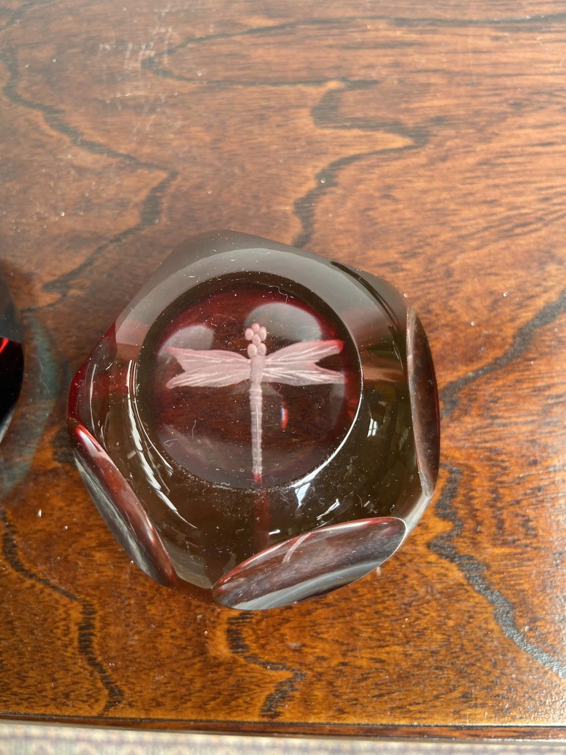 Two unusual style paperweights. A Pink Rose in a facet cut blue glass and an etched dragon fly red - Bild 4 aus 7