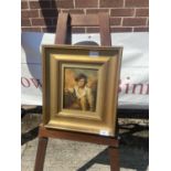 Oil painting on board depicting young boy & rabbit, within gilt frame [39x34cm]