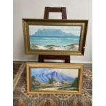 Two original oil paintings fitted within contemporary frames. Depicts mountain and sea scape scenes.