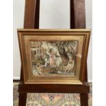 A 19th century tapestry depicting a lady rowing a boat, [height, 29cm, width, 33cm]