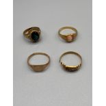 A 9ct gold and cameo carved ring, 9ct signet ring, 15ct gold ring [damaged] & a 333 stamped green