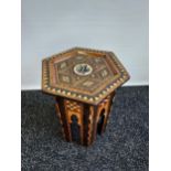 A Liberty & Co design Arabic Hexagonal side table, designed with mother of pearl inlays. [44cm in