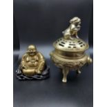 A Chinese Bronze/ brass incense burner pot with foo dog finial top to the lid, Stamped to the