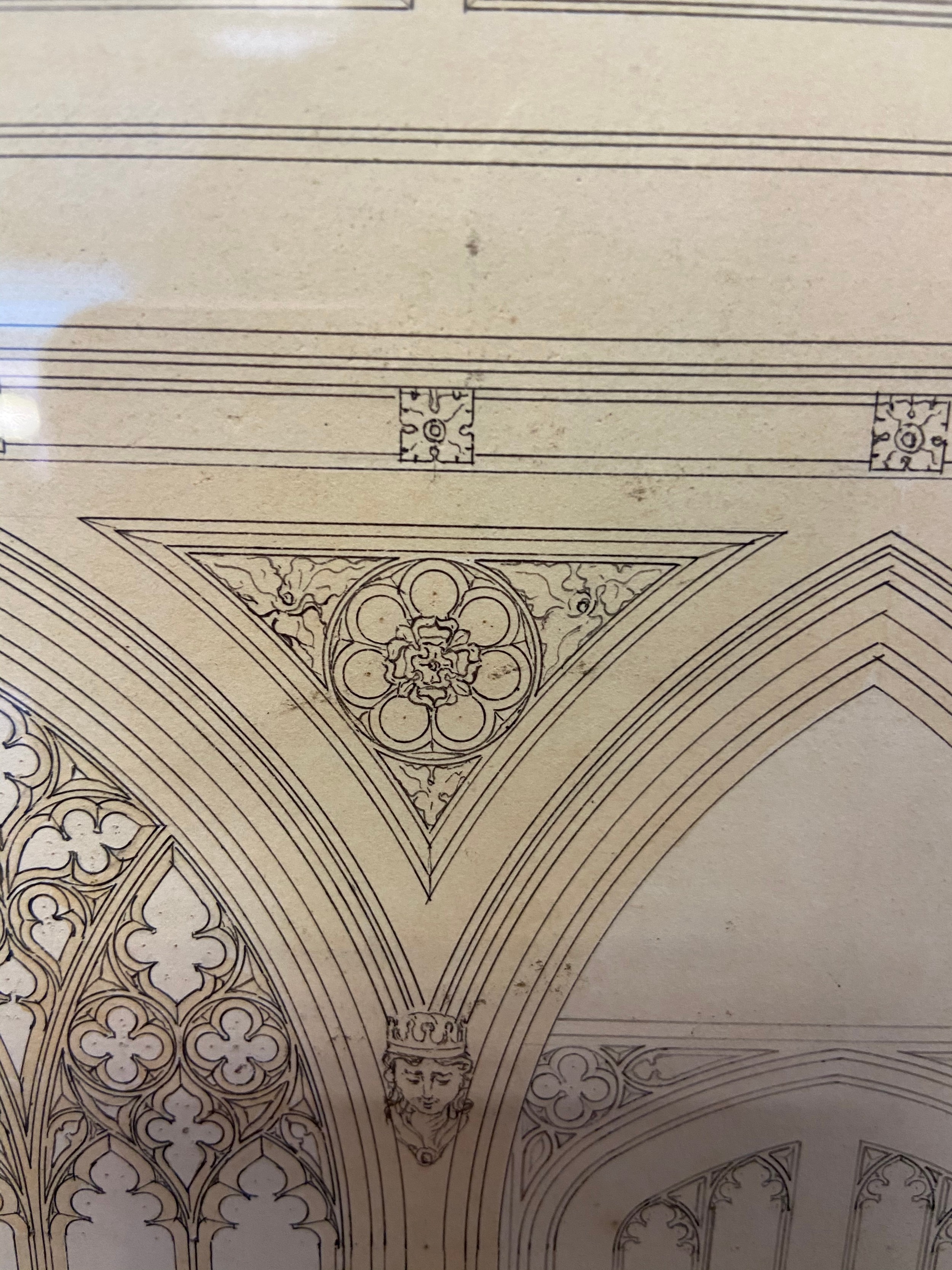 An antique draft drawing depicting 'transverse section of entrance hall showing gallery scene'. [ - Image 3 of 4