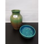 A Lot of two Pilkington Royal Lancastrian green vase and blue/ green nut dish. [22cm in height-vase]