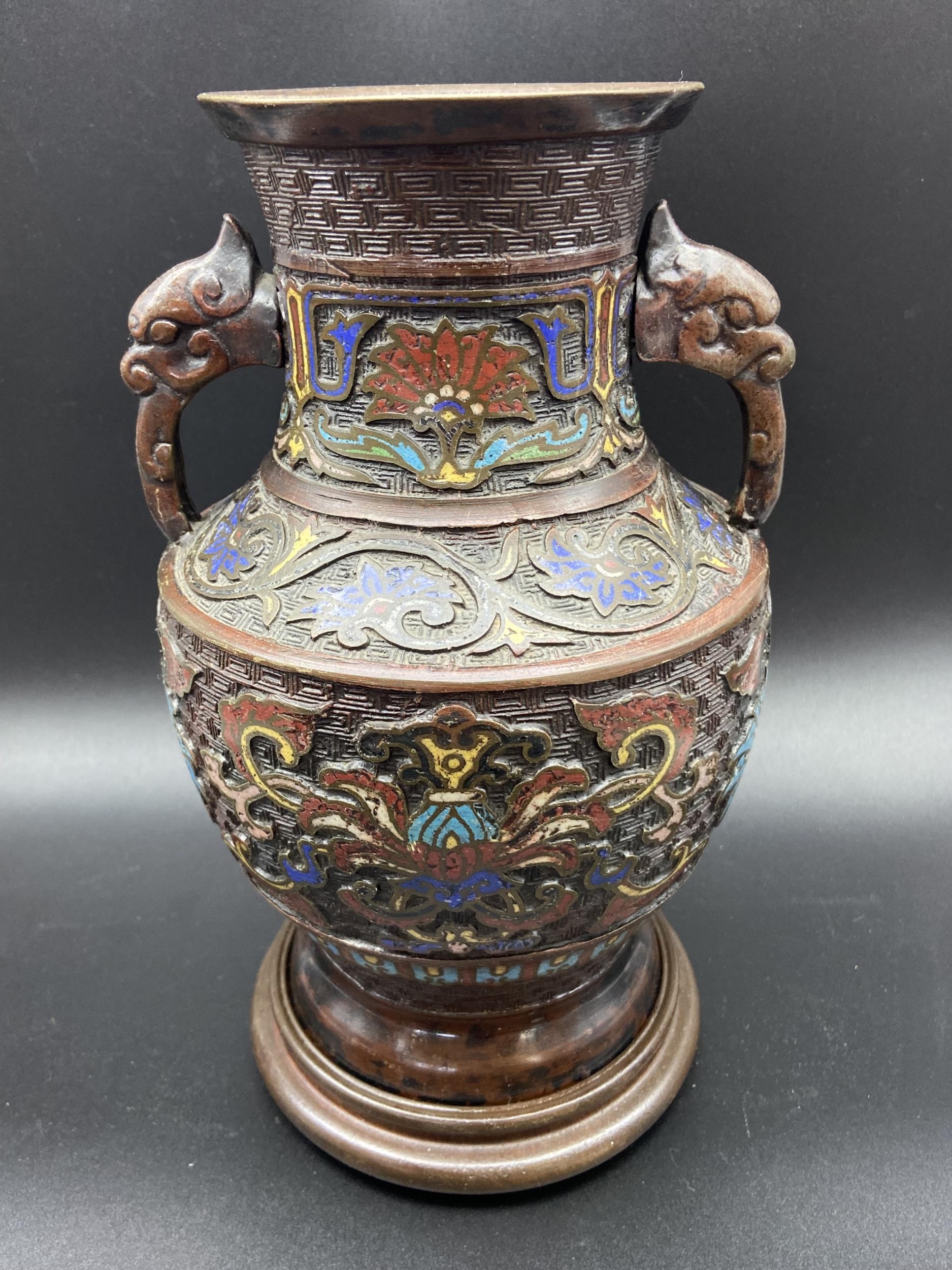 A 19th century Japanese bronze Champleve Enamel Cloisonne urn vase. Comes with wooden stand. [26cm - Image 2 of 7