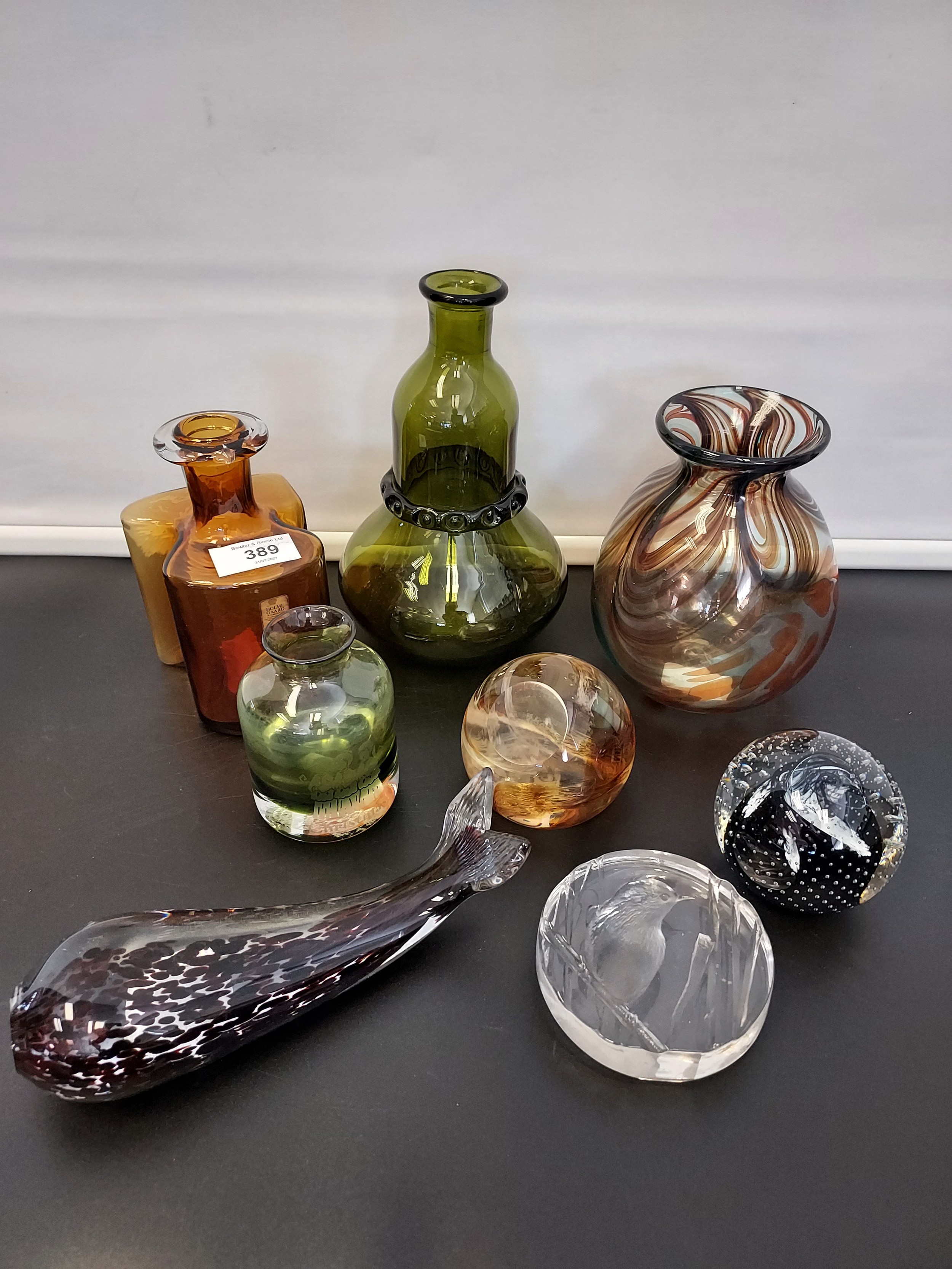 A Collection of art glass to include Swedish pear design vase & Caithness paperweights