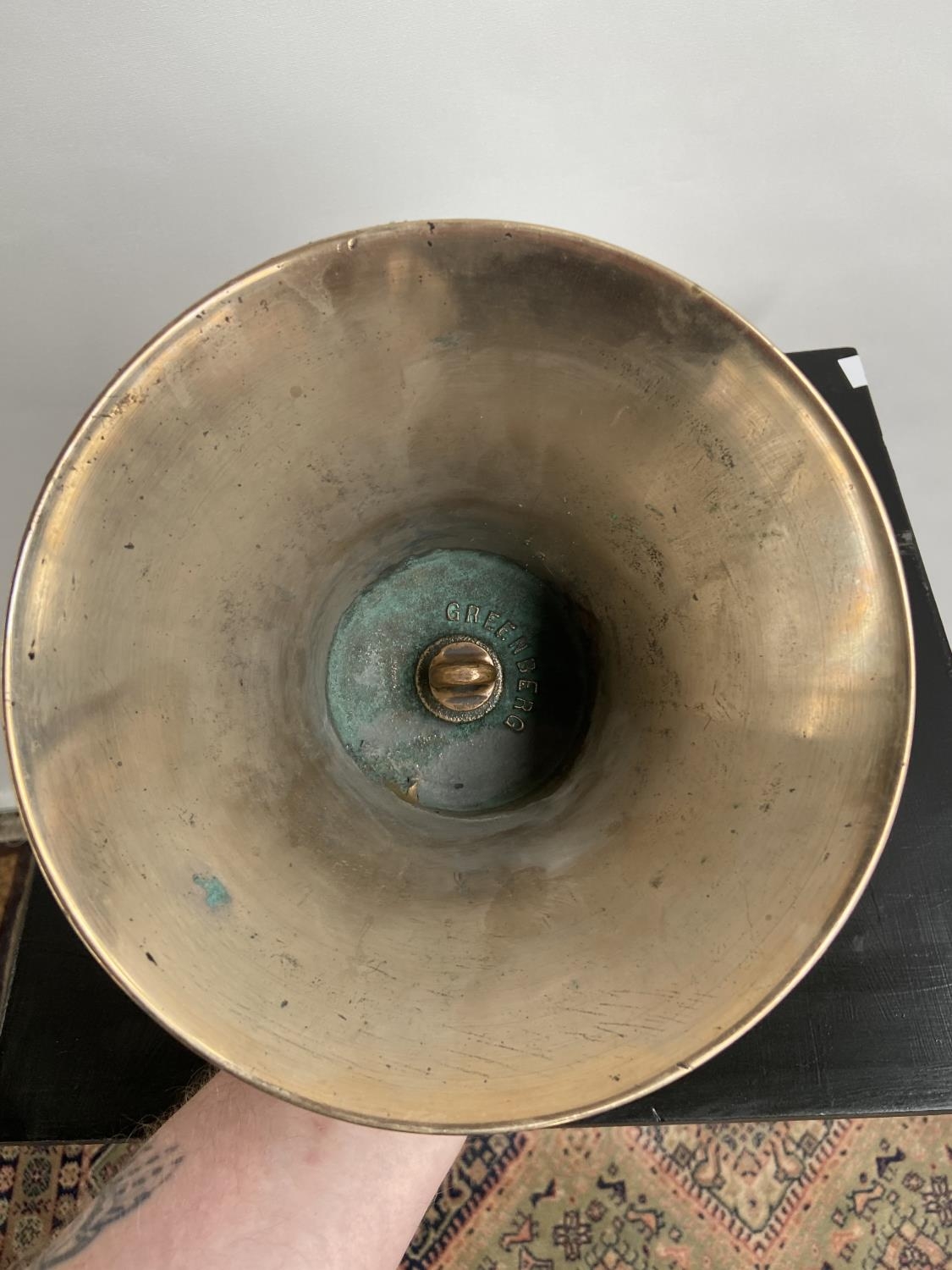 A Heavy antique hand bell. Stamped Greenberg to the inside. [Height 21cm, diameter 19cm] - Image 3 of 3
