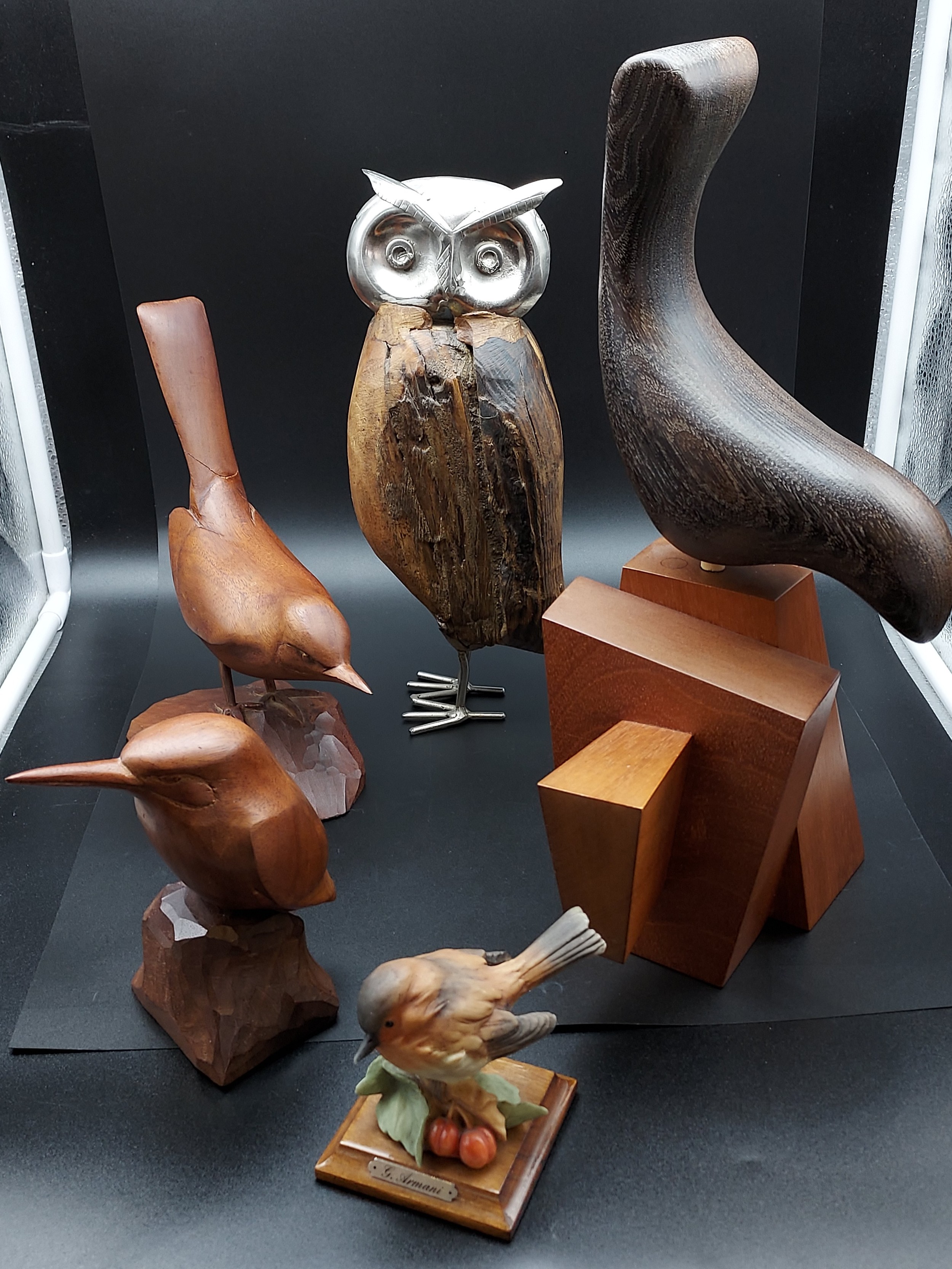 A Selection of bird sculptures to include mid century bird sculpture, Two carved birds produced by