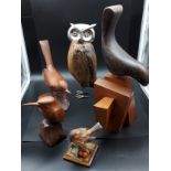 A Selection of bird sculptures to include mid century bird sculpture, Two carved birds produced by