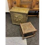 A large antique brass coal box together a woven top stool.