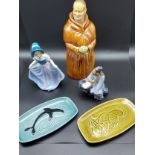 Two poole pottery pin dishes, Monk decanter, Art Deco Lady figurine and mud man oriental figure.