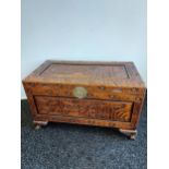 A Chinese hand carved camphor wood trunk. Panels depicting various figures and rural scenes. [