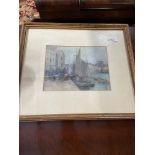 Antique Dutch style watercolour depicting harbour scene. Signed by the artist. [40X46CM]