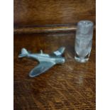 An Art Deco design metal cast spit fire plane model together with a glass ink well pot. [3x11.5x14.