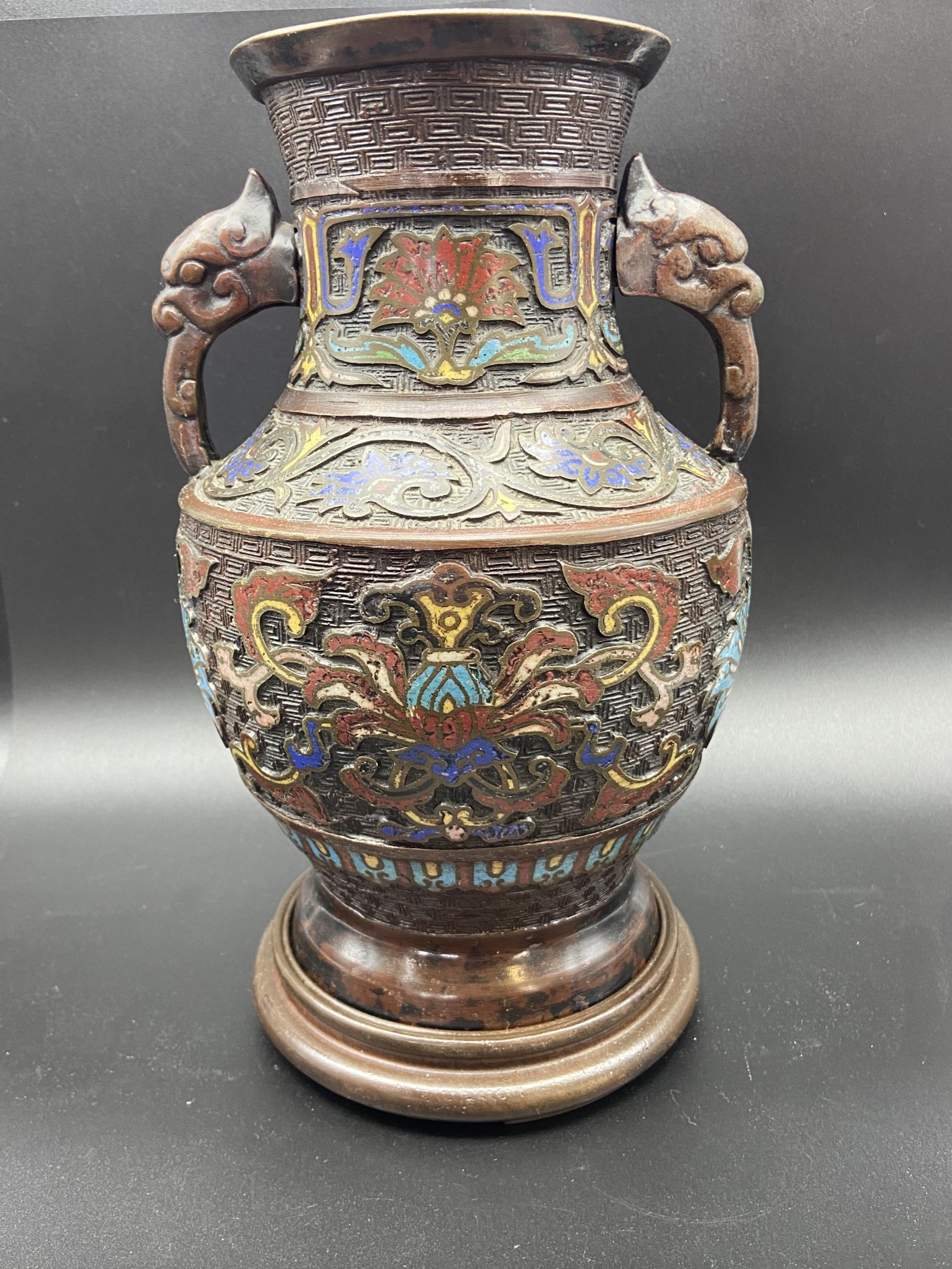 A 19th century Japanese bronze Champleve Enamel Cloisonne urn vase. Comes with wooden stand. [26cm - Image 3 of 7