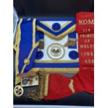 A Collection of Masonic regalia to include Price of Wales Sash, Cuff links, Sussex Apron, sash &